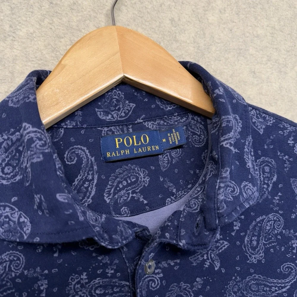 Polo Ralph Lauren Polo Shirt Mens Medium Navy Paisley Print Short Sleeve